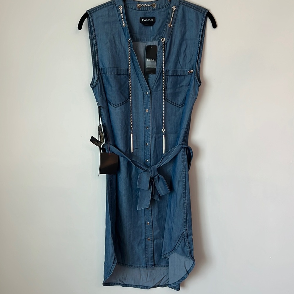 bebe Denim Blue Sleeveless Shirt Dress with Belt